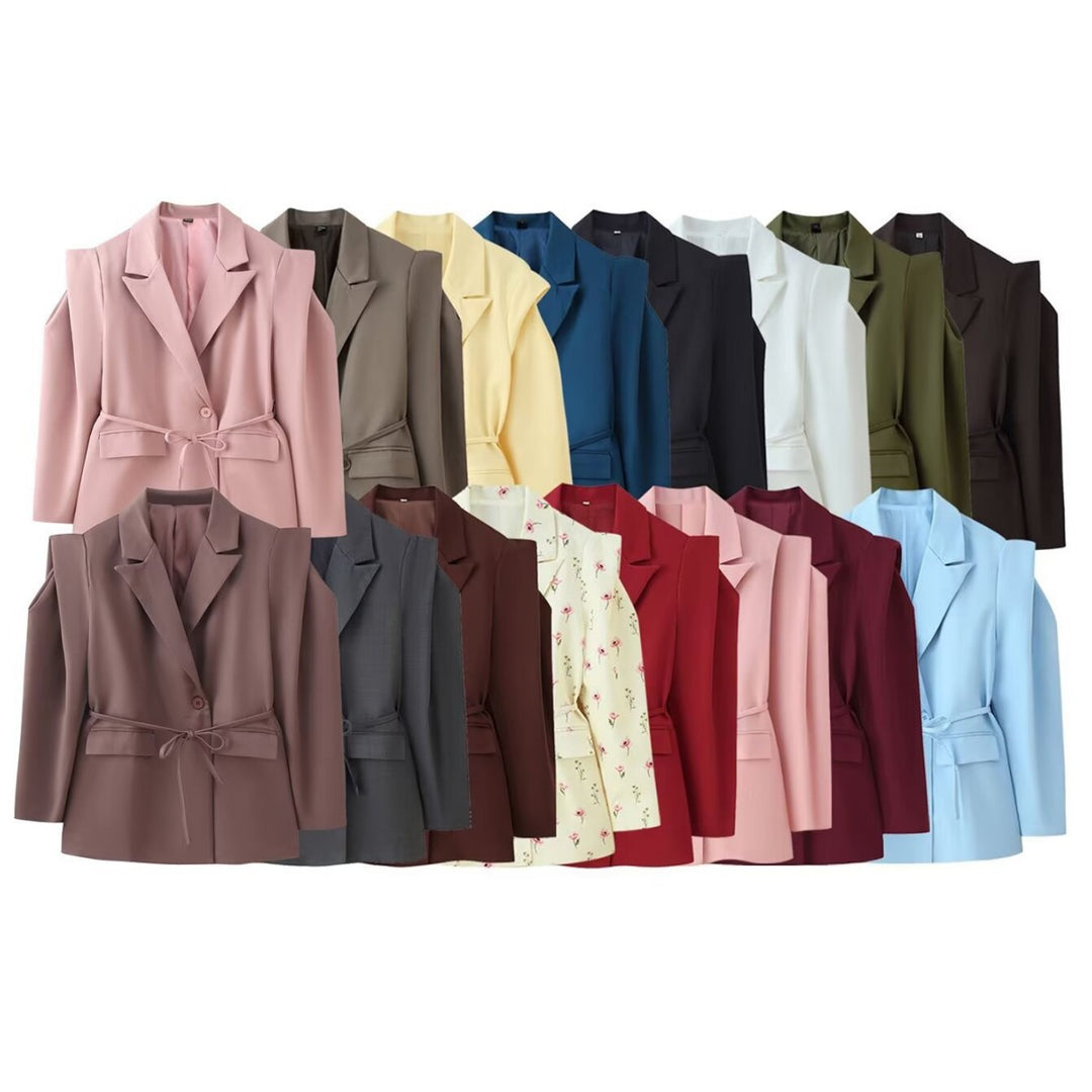 Women's fitted blazer with tie belt, lapel collar and shoulder pads Mune Fashion
