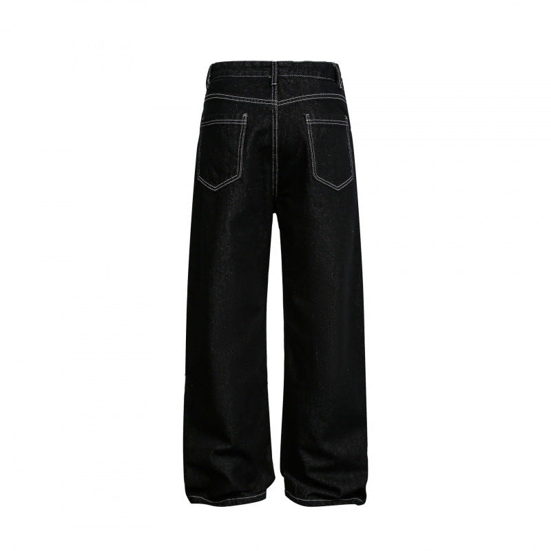 Women's Wide High-Waist Denim Jeans with Asymmetric Button Placket and Contrast Stitching Mune Fashion