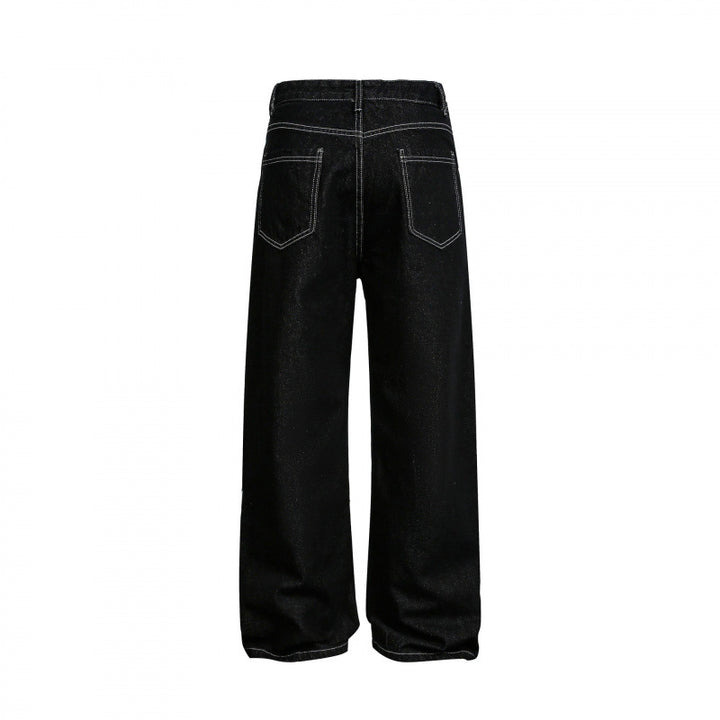 Women's Wide High-Waist Denim Jeans with Asymmetric Button Placket and Contrast Stitching Mune Fashion