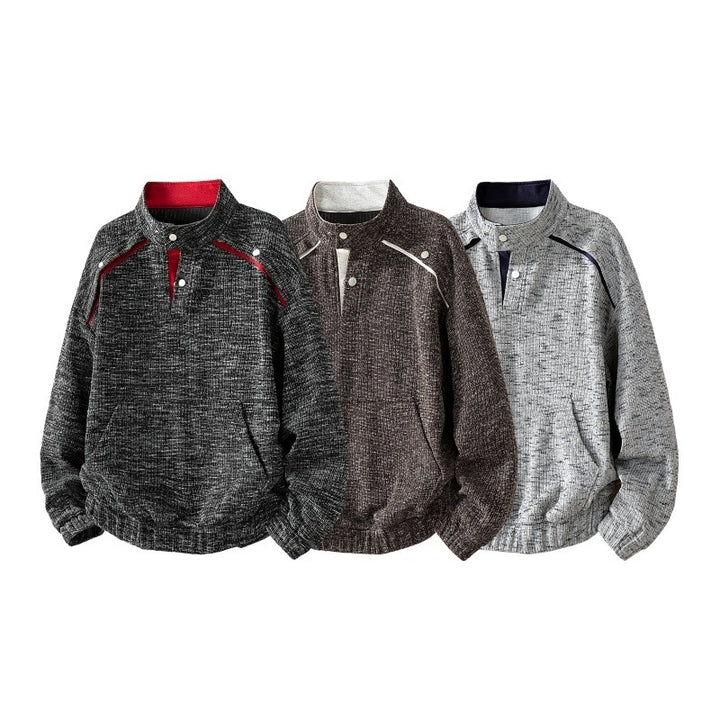 Men's Oversize Structure Half-Zip Knit Sweater with Stand-Up Collar, Snap Placket & Kangaroo Pocket Mune Fashion