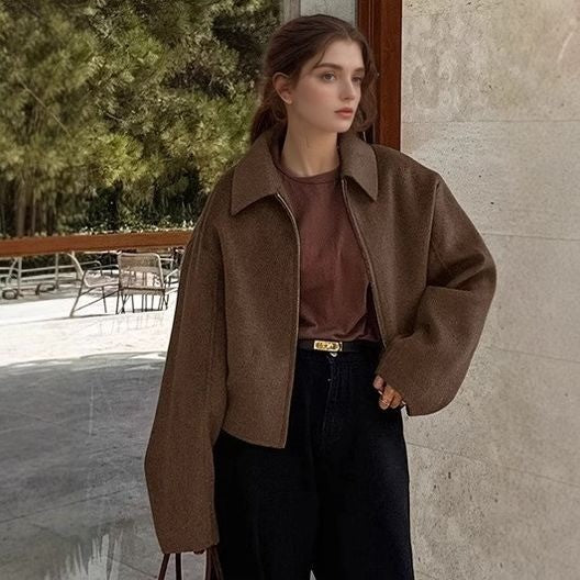 Women's short stylish wool blend bomber with shirt collar and hidden zipper Mune Fashion