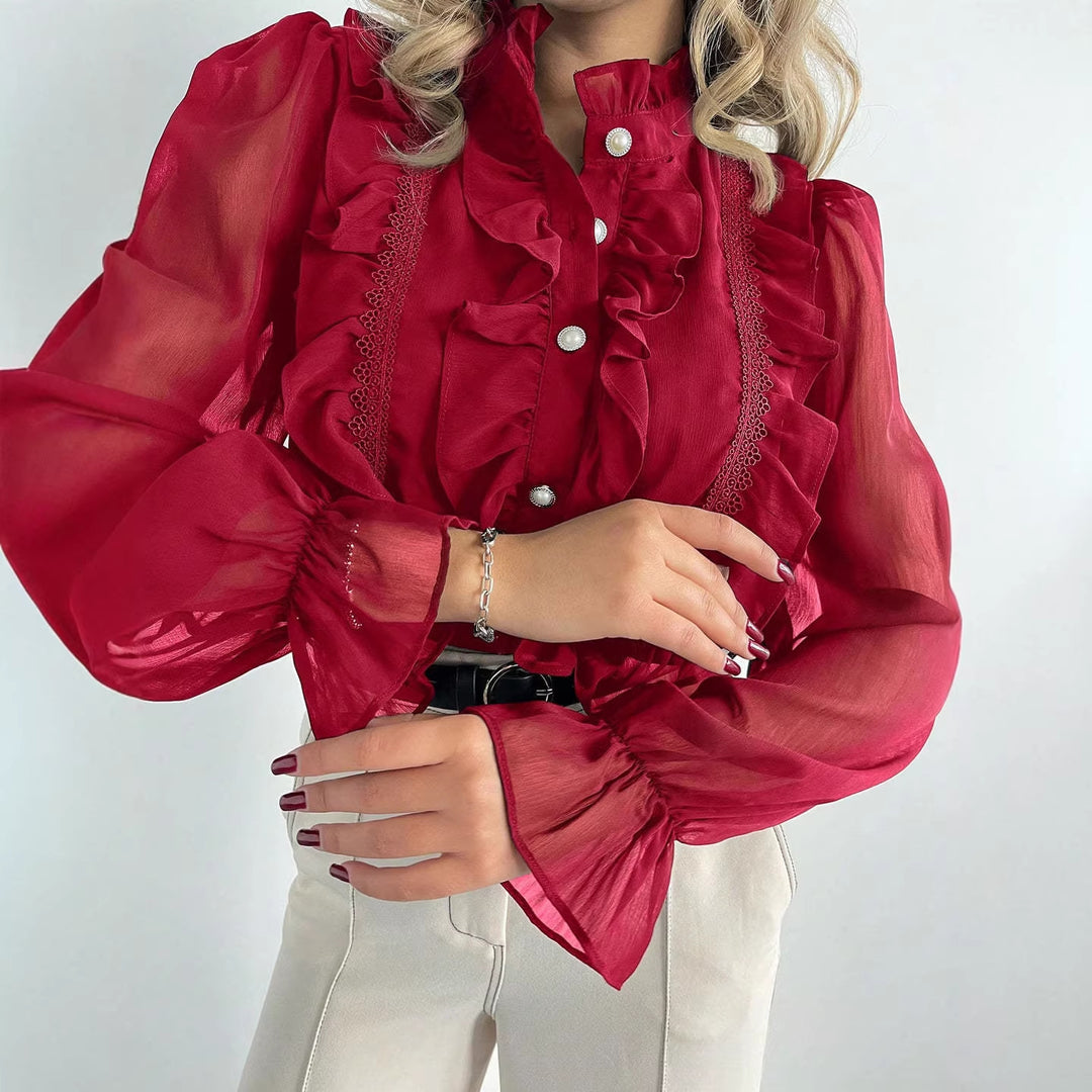 Women's ruffle blouse made of chiffon with stand-up collar and pearl buttons Drune