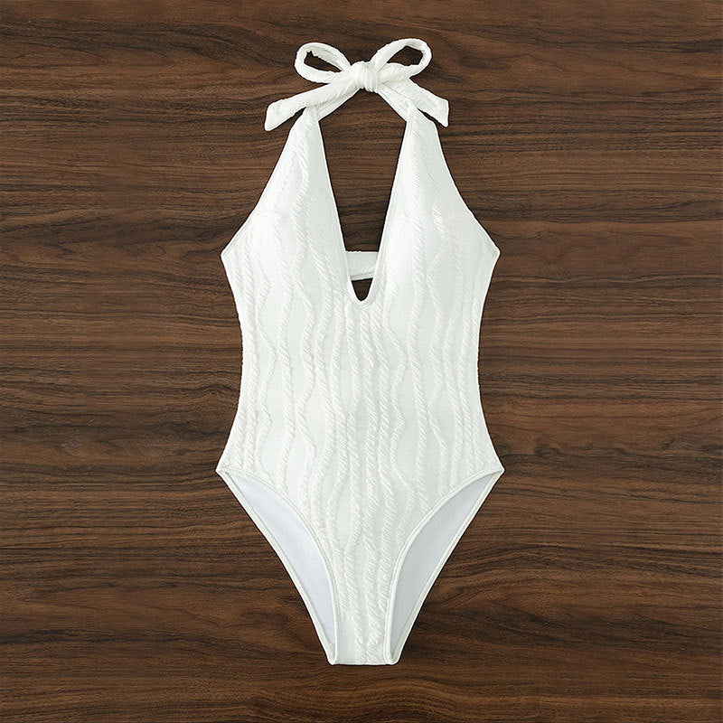 Women's One-Piece Swimsuit with Intense V-Neckline and Textured Surface Mune Fashion