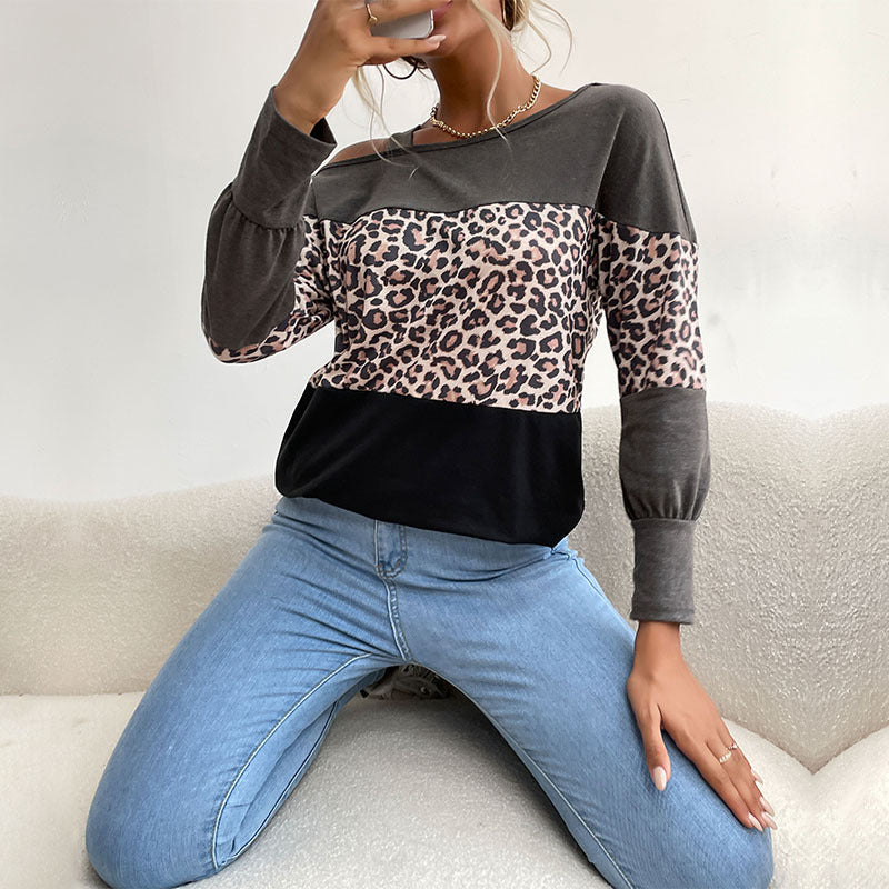 Women's Casual Off-Shoulder Sweater with Leopard Print, Contrast Blocks and Spaghetti Straps Mune Fashion