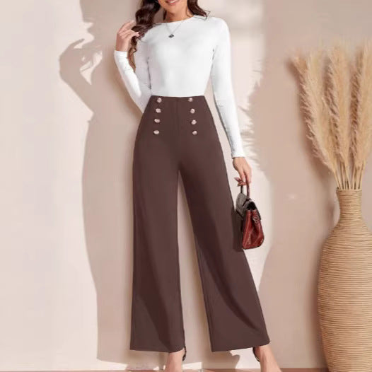 Women’s high-waisted trousers with wide leg, maritime-inspired decorative buttons Mune Fashion