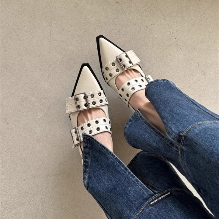 Women's pointed toe slingback flats with double eyelet straps and adjustable buckle Mune Fashion