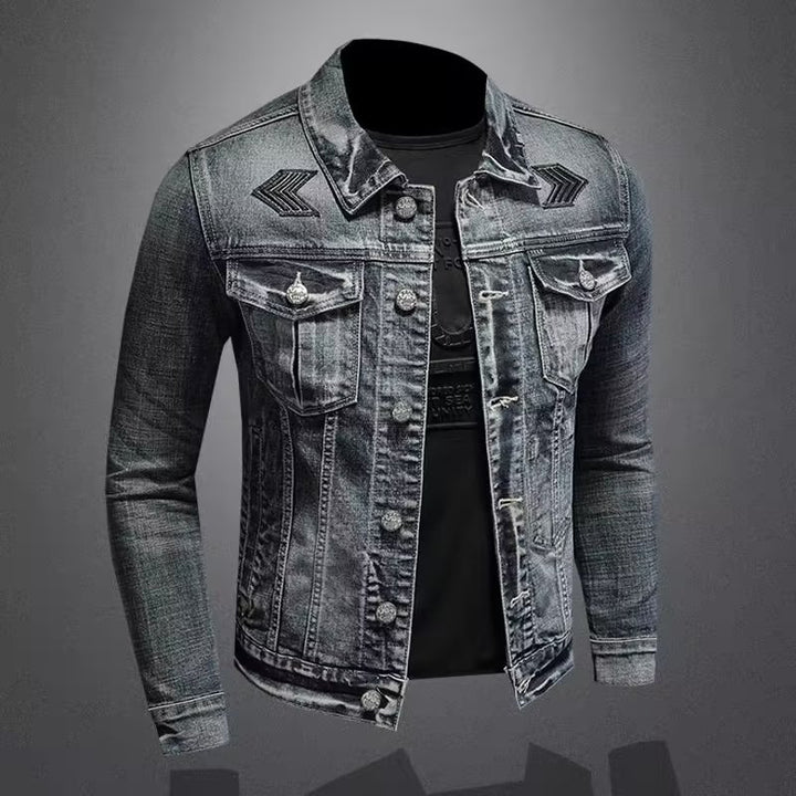 Men's jeans jacket with used wash, press stud chest pockets and discreet Mune Fashion embroidery.