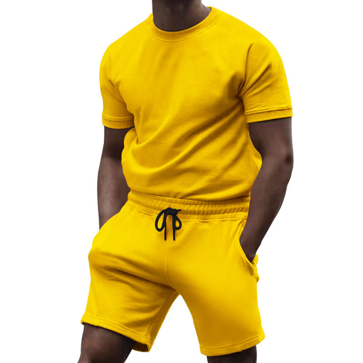 Men's short-sleeve sweat set made of soft sweatshirt fabric with a round neck shirt and drawstring shorts Mune Fashion
