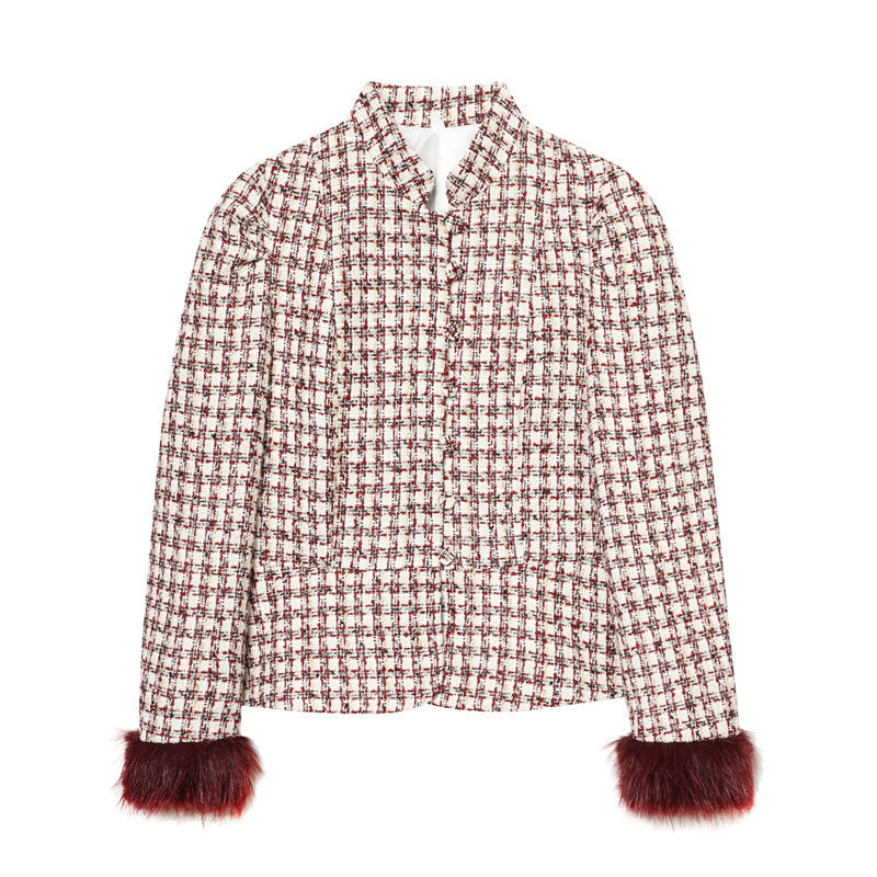 Women's Short Blazer made of Boucle Tweed with Stand-Up Collar and Faux Fur Cuffs Mune Fashion