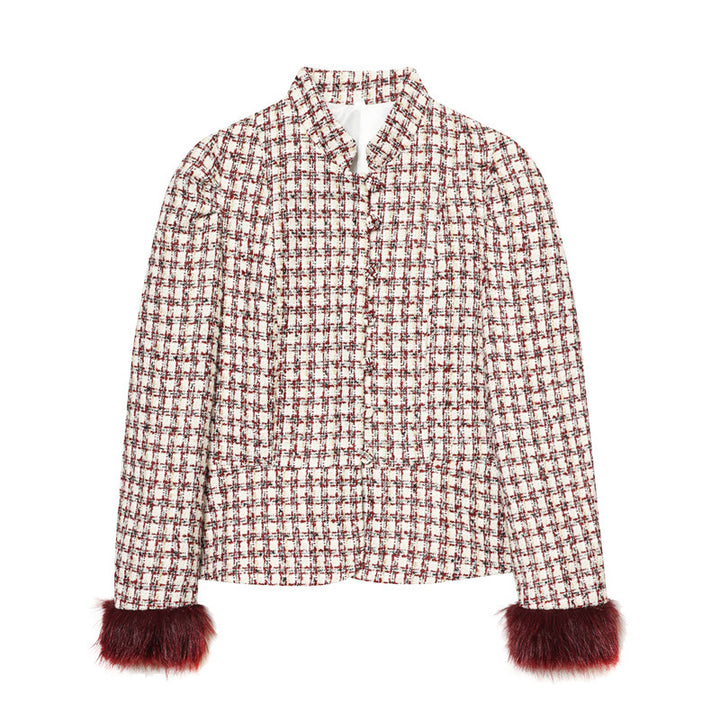Women's Short Blazer made of Boucle Tweed with Stand-Up Collar and Faux Fur Cuffs Mune Fashion
