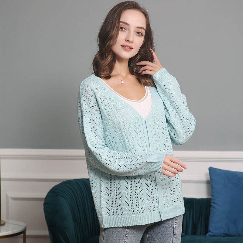 Women's Lightweight Lace Knit Cardigan with Deep V-Neck and Button Placket Mune Fashion