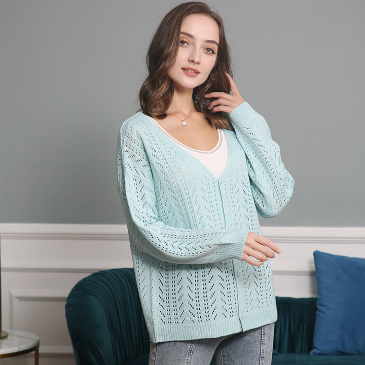 Women's Lightweight Lace Knit Cardigan with Deep V-Neck and Button Placket Mune Fashion
