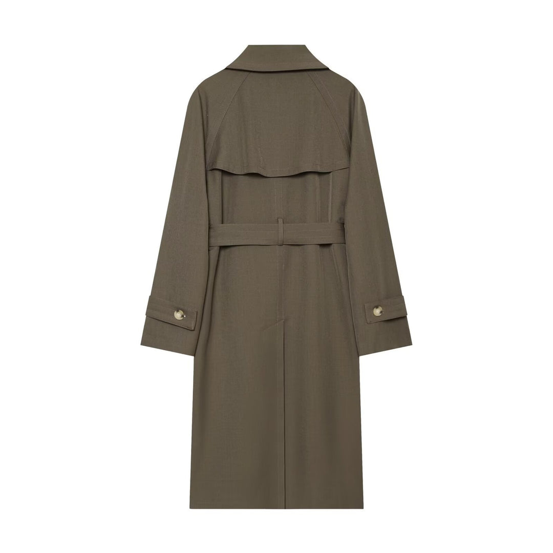 Women Long Double-Breasted Trench Coat with Waist Belt and Raglan Sleeves Mune Fashion