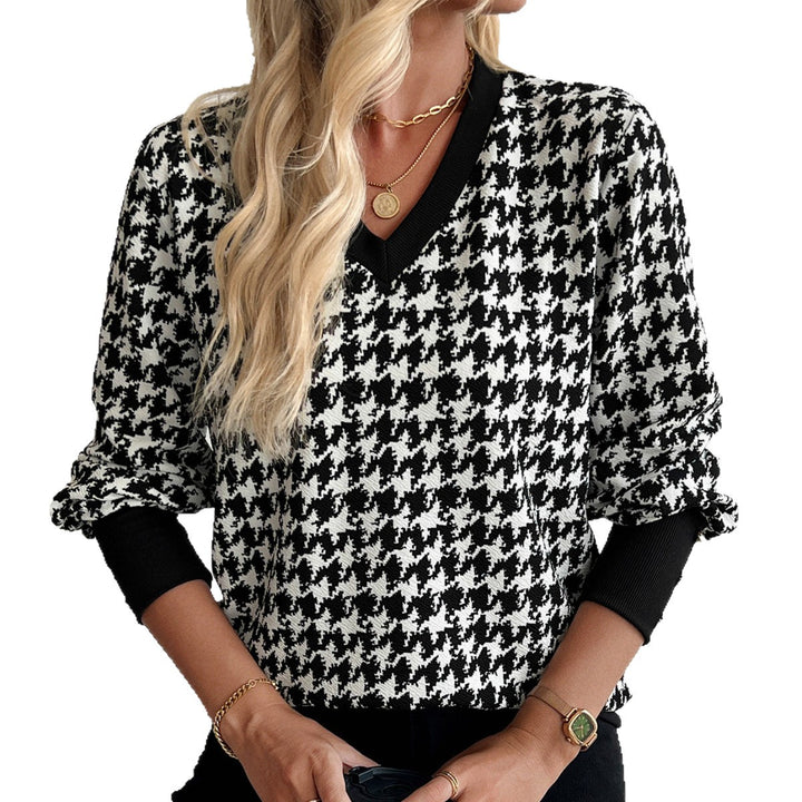Women's V-neck knitted pullover with houndstooth pattern and ribbed cuffs Mune Fashion