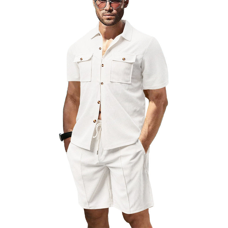 Men's structured short-sleeve shirt and bermuda set made of breathable cotton blend with chest pockets and drawstring Mune Fashion