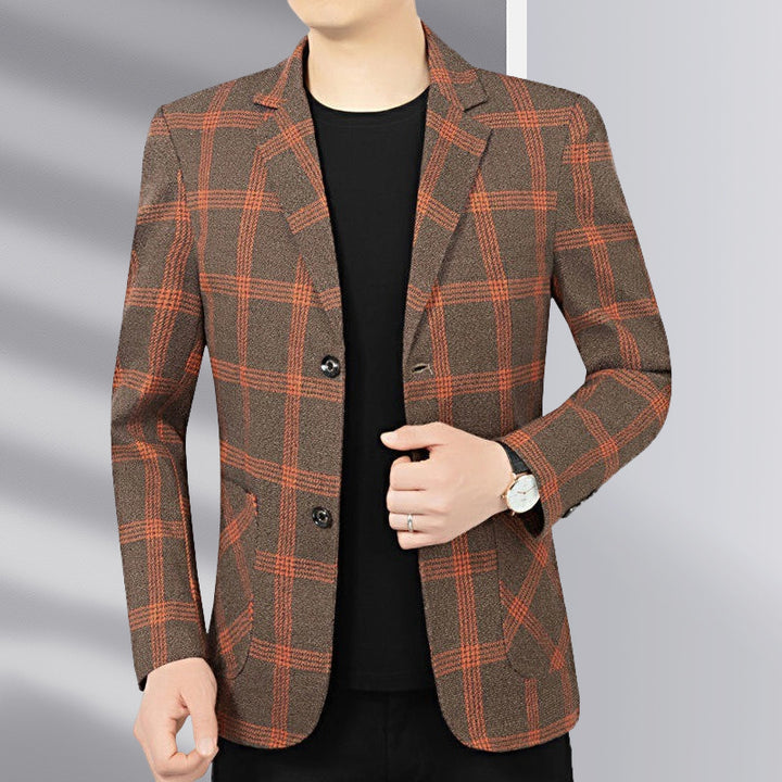 Men's modern checked tailored blazer made from wool blend with contrasting seam details and patch front pockets Mune Fashion