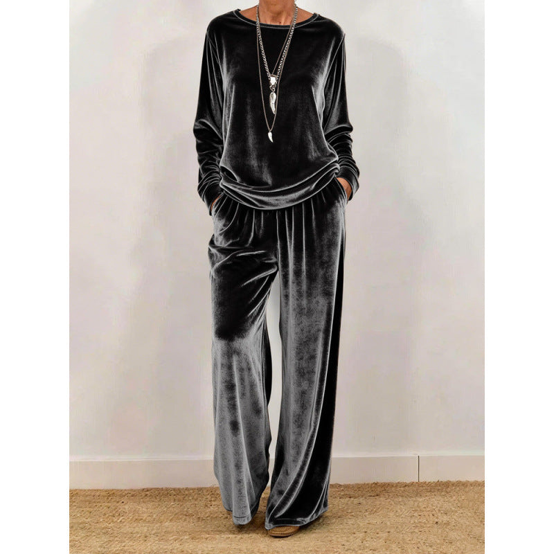 Women Velvet Loungewear Set with Wide Leg, Elastic Waistband and Round Neckline Mune Fashion
