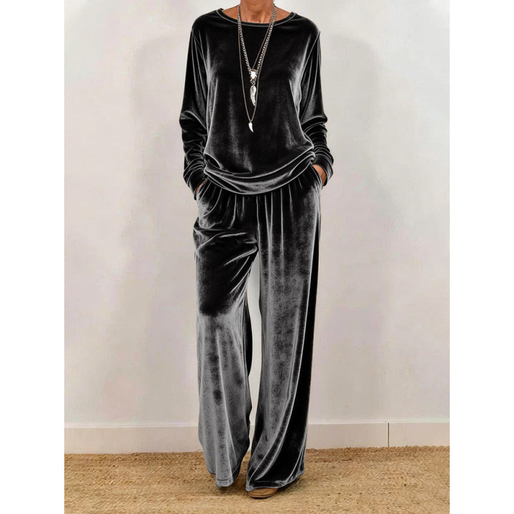 Women Velvet Loungewear Set with Wide Leg, Elastic Waistband and Round Neckline Mune Fashion