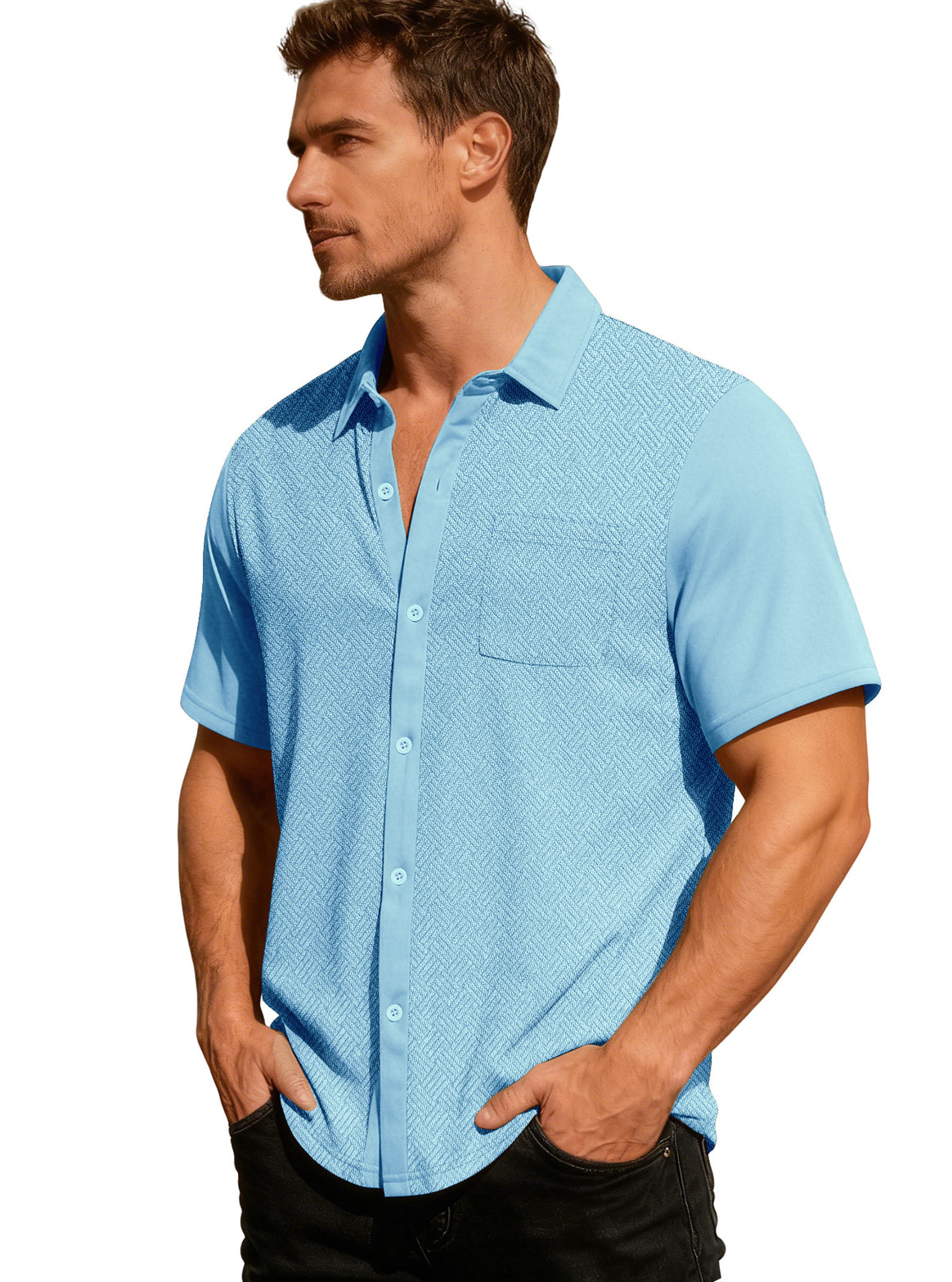 Men's leisure short sleeve shirt with jacquard texture, contrasted button placket and chest pocket Mune Fashion