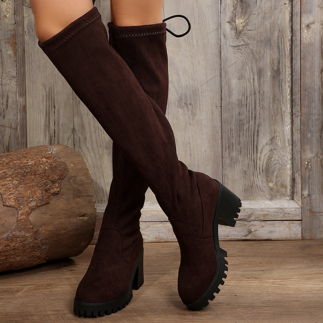 Ladies Over-the-knee boots with leopard pattern, stretchy shaft and chunky lug sole Mune Fashion