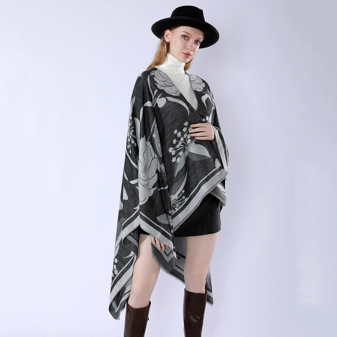 Women's floral jacquard overlay in a boxy kimono silhouette with fine fringe edge Mune Fashion