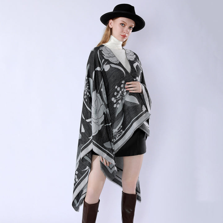 Women's floral jacquard overlay in a boxy kimono silhouette with fine fringe edge Mune Fashion