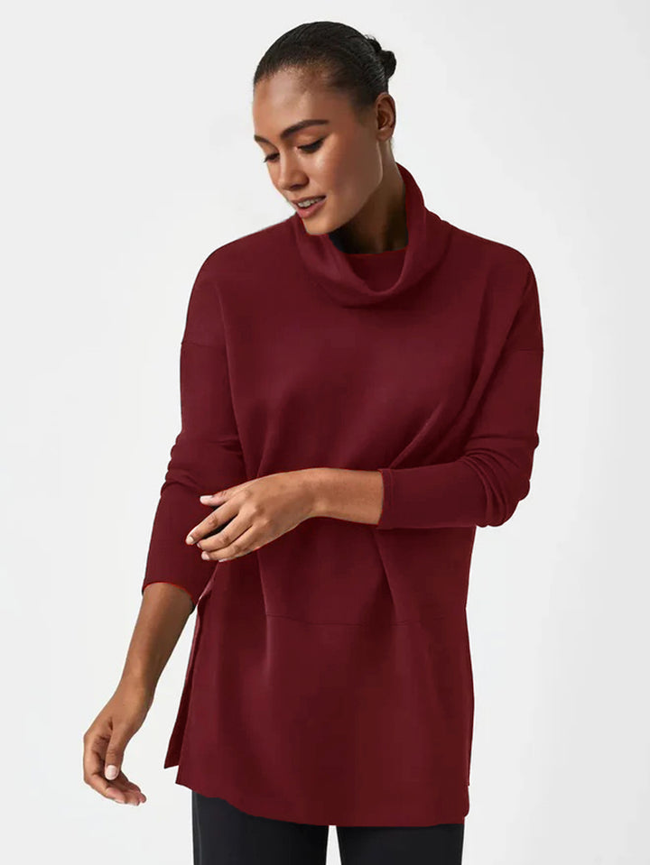 Women's Cozy Funnel Neck Tunic Sweater with Oversized Cut and Side Slits Mune Fashion
