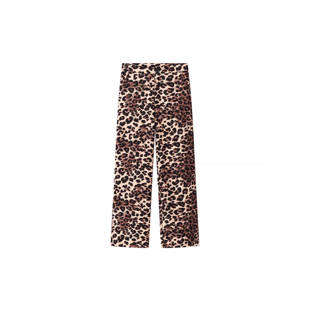 Ladies Wide High-Waist Palazzo Pants with Leopard Print and Flowing Fall Mune Fashion