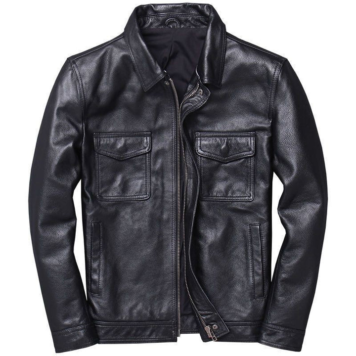 Men's Vintage Biker Leather Jacket with Stand Collar and Quilted Shoulder Padding Mune Fashion