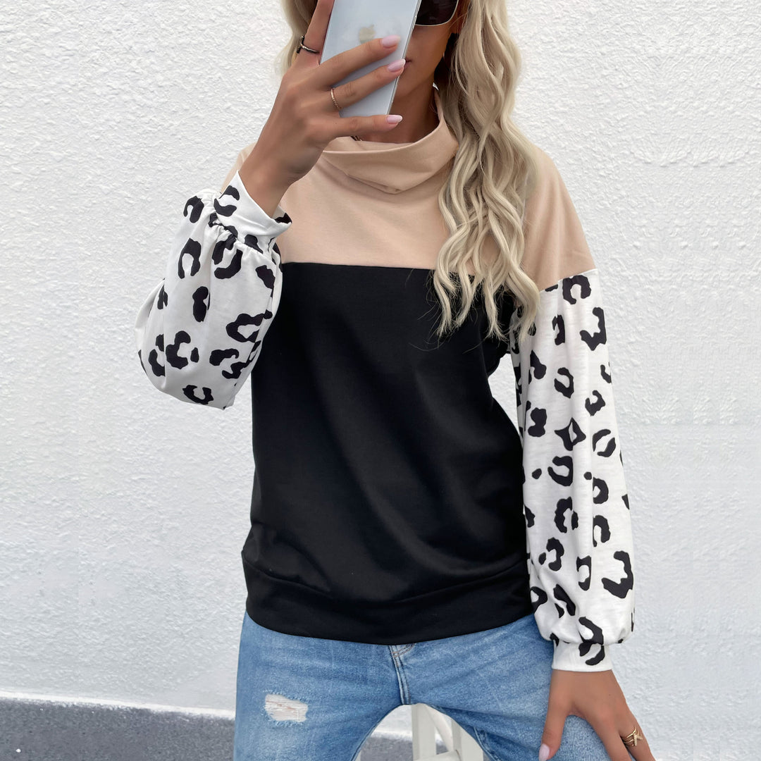 Women's colorblock sweatshirt with rollover collar and animal print sleeves Mune Fashion