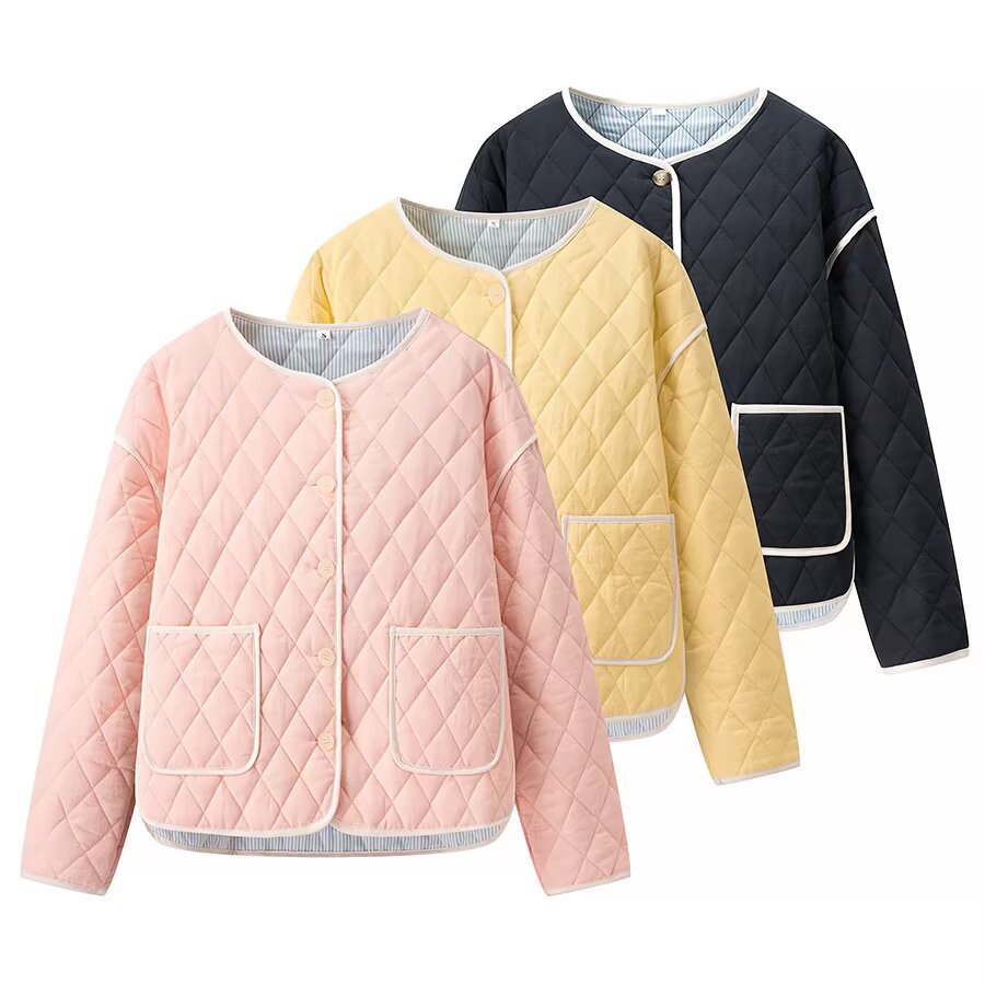 Women's quilted short jacket with diamond quilting, contrasting piping, and rounded hem Mune Fashion