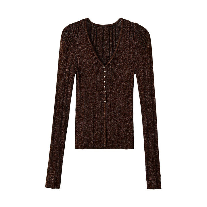 Women's figure-hugging ribbed fine knit cardigan with V-neck, shiny thread and decorative button strip Mune Fashion