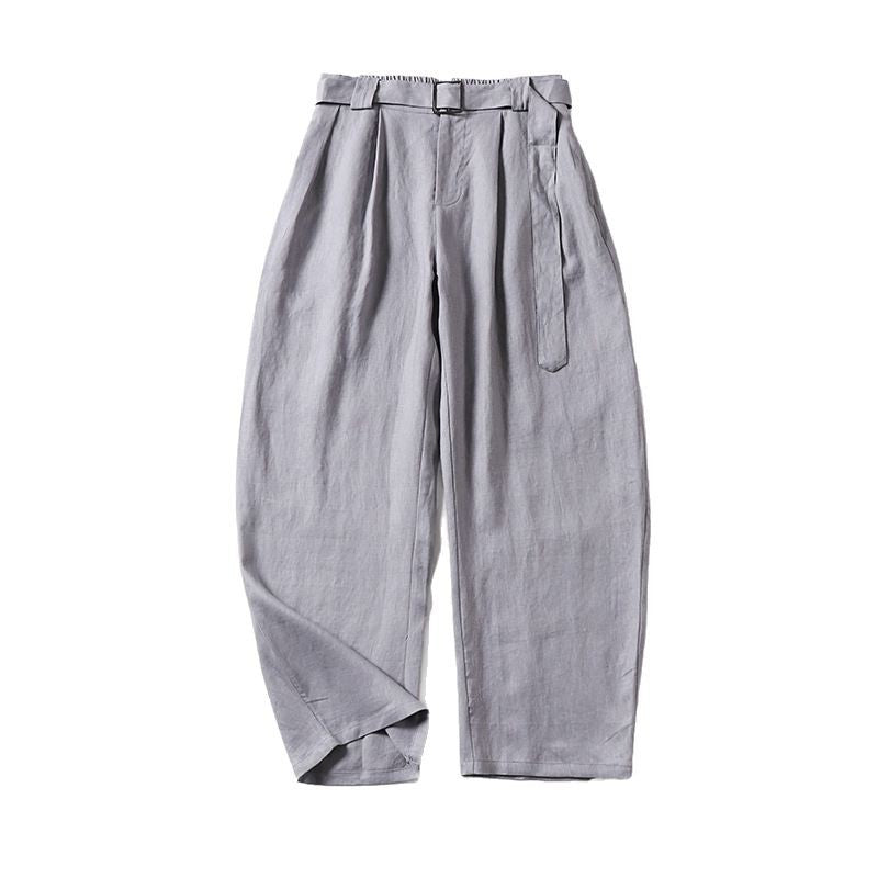 Women's High-Waisted Linen-Cotton Pleated Trousers with Tied Belt and Tapered Leg Mune Fashion
