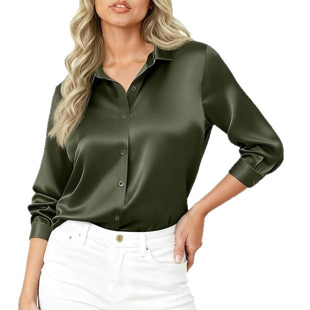 Women’s Silky Satin Blouse Shirt with Shirt Collar and Three-Quarter Sleeves Drune