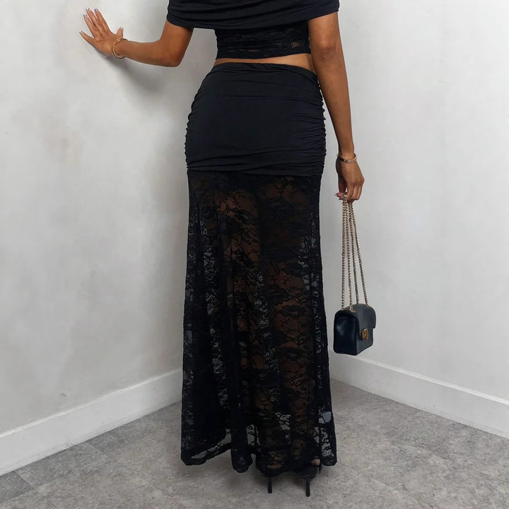Women nan maxi skirt with gathered mini inner slip and floral lace overlay Mune Fashion
