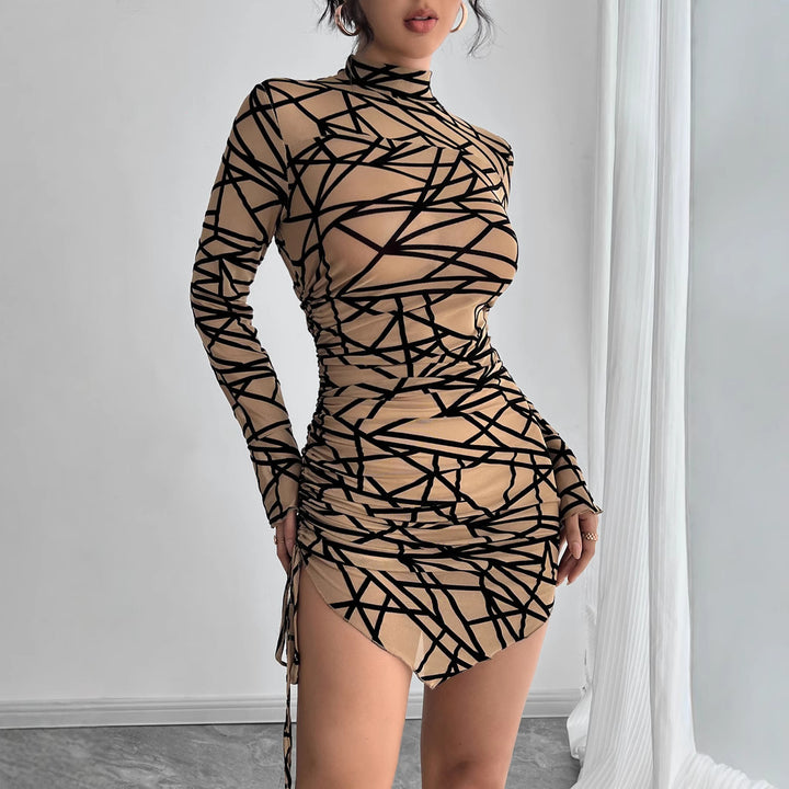 Women’s form-fitting transparent long-sleeve mini dress with turtleneck and side gathering Mune Fashion