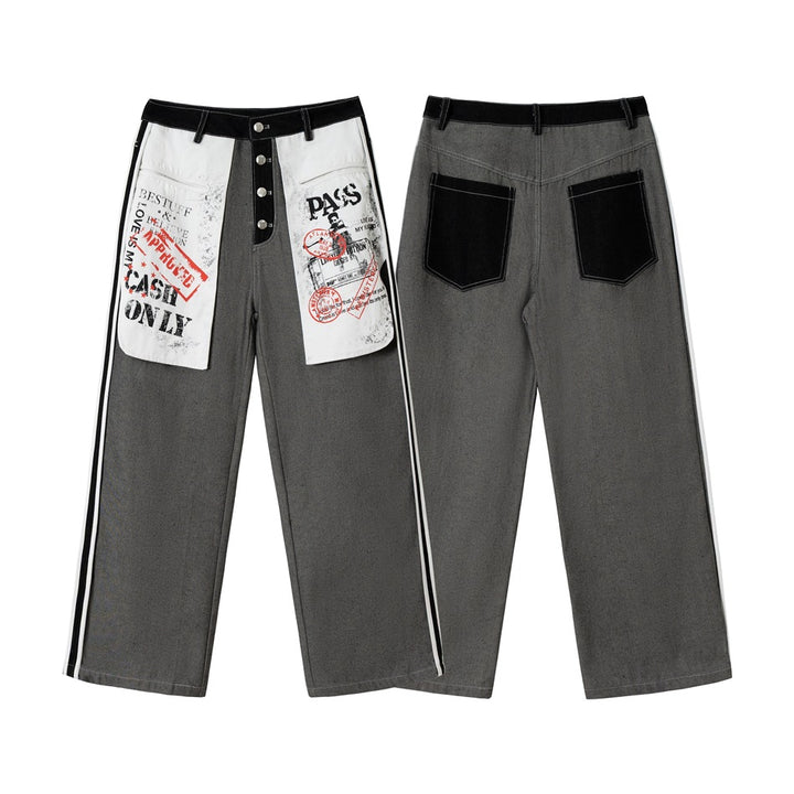 Women's Wide-Leg Cargo Jeans with Applied Graphic Patches and Contrast Stripes Mune Fashion