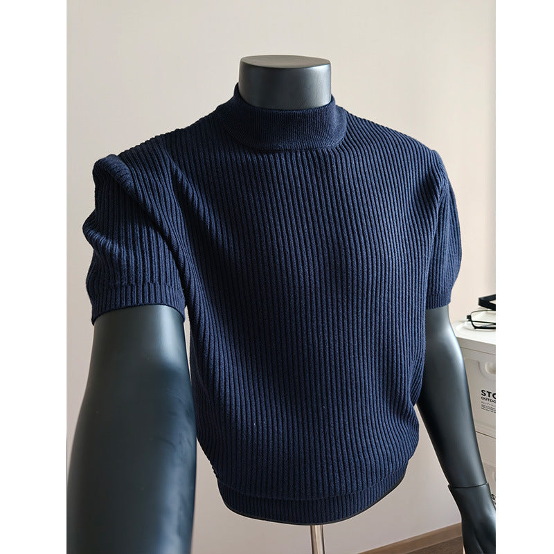 Men's short-sleeved ribbed knit shirt with stand-up collar and slim fit Mune Fashion
