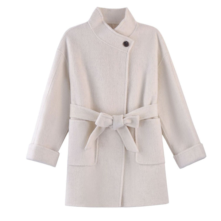 Women's Short Wrap Wool Coat with High Button Placket and Patch Pockets Mune Fashion