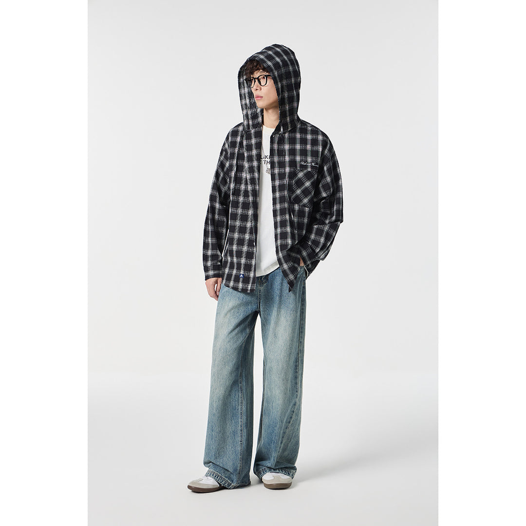 Unisex Hooded Overshirt in Checkered Flannel Look with Chest Pocket and Button Placket Mune Fashion