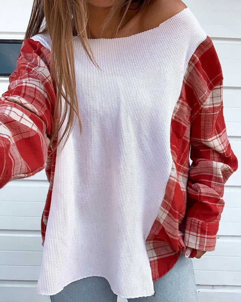 Women's oversized long-sleeve shirt in mixed material with textured waffle knit front and checkered sleeve section Mune Fashion