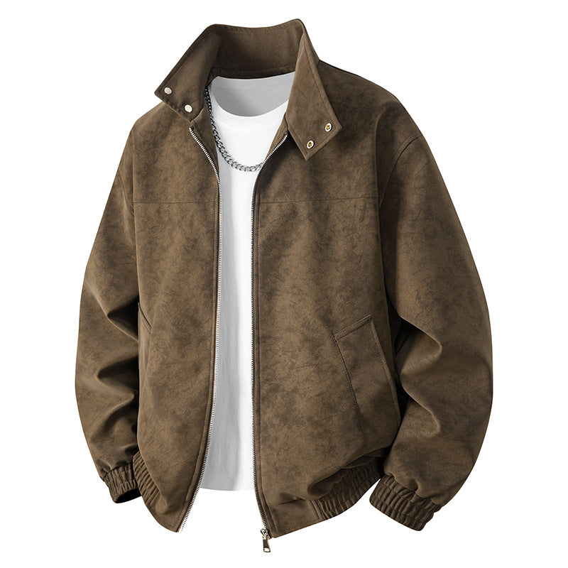 Men's Neat Velour Leather Look Bomber Jacket with Stand-Up Collar, Two-Way Zipper & Zipper Pockets Mune Fashion