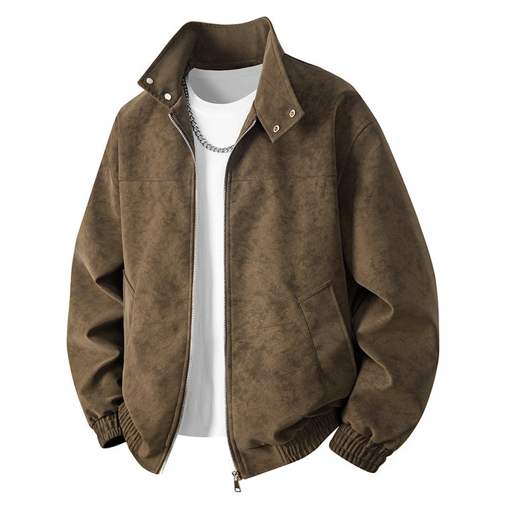 Men's Neat Velour Leather Look Bomber Jacket with Stand-Up Collar, Two-Way Zipper & Zipper Pockets Mune Fashion