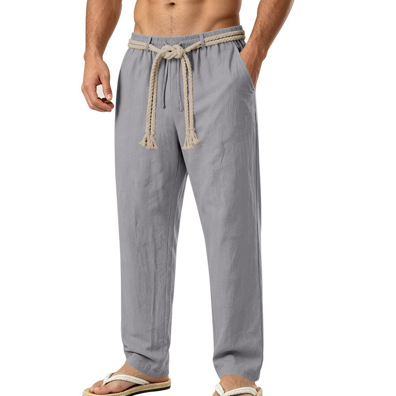 Men's Casual Linen Lounge Pants with Elastic Waistband, Decorative Rope Belt and Side Pockets Mune Fashion