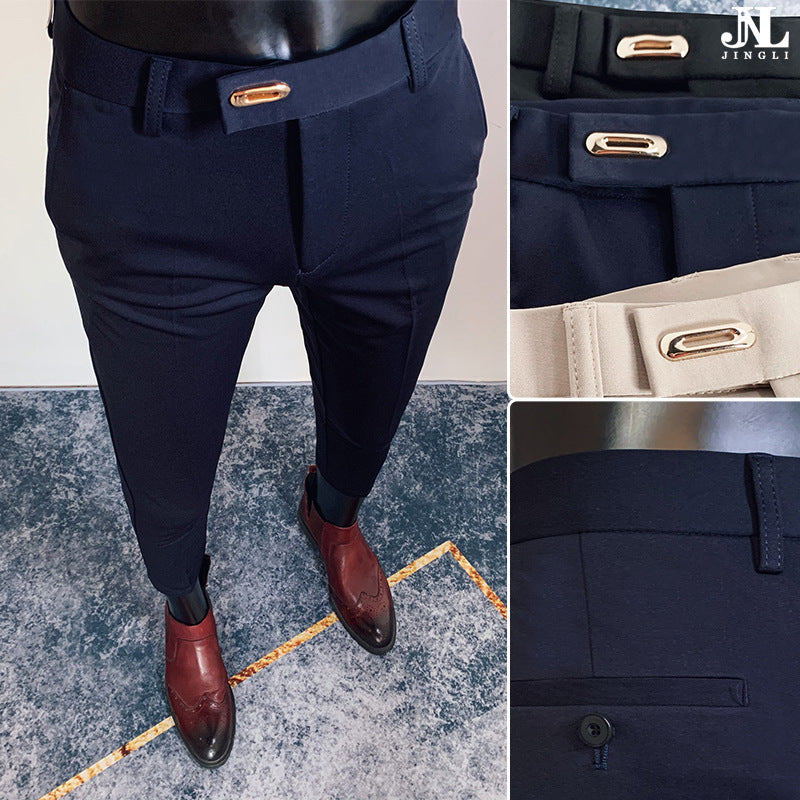 Men's tailored slim-fit suit trousers with elastic waistband, concealed zipper, and fashionable belt detail Mune Fashion