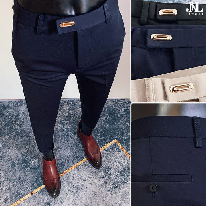 Men's tailored slim-fit suit trousers with elastic waistband, concealed zipper, and fashionable belt detail Mune Fashion