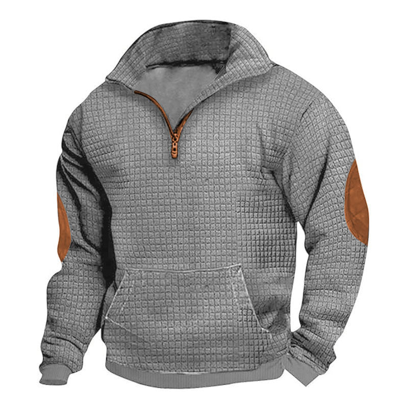 Men's thermo-regulating waffle knit half-zip pullover with kangaroo pocket and faux leather elbow patches Mune Fashion
