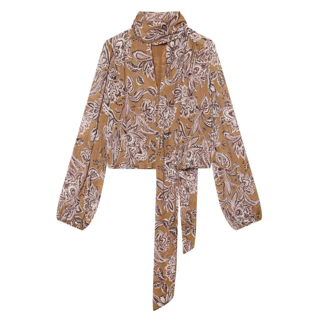 Women Printed Wrap Blouse with Shawl Collar and Balloon Sleeves Mune Fashion