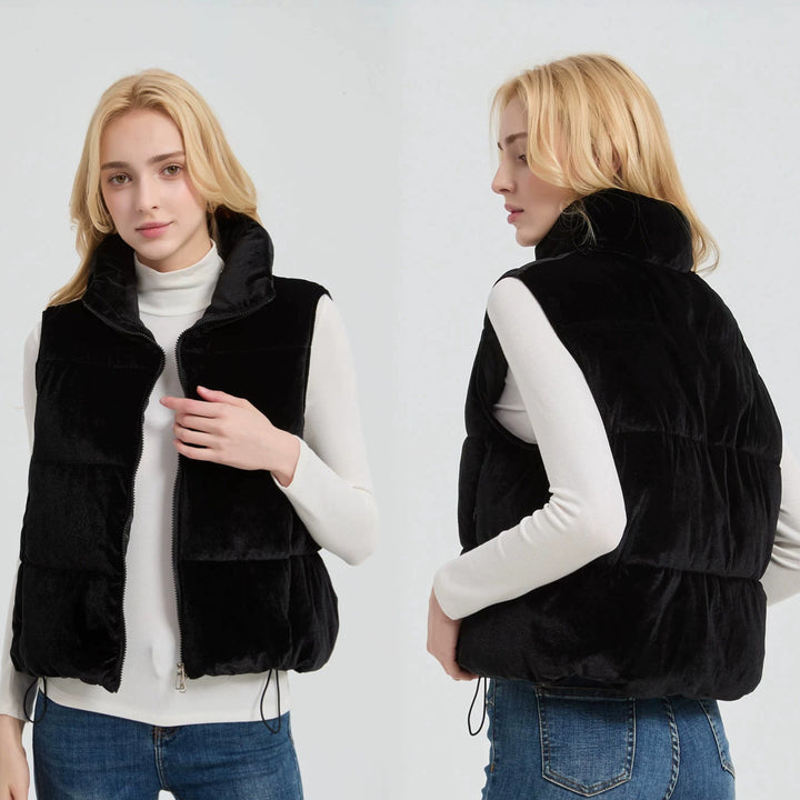 Women short-cut velvet quilted vest with high stand-up collar and thermal lining Mune Fashion