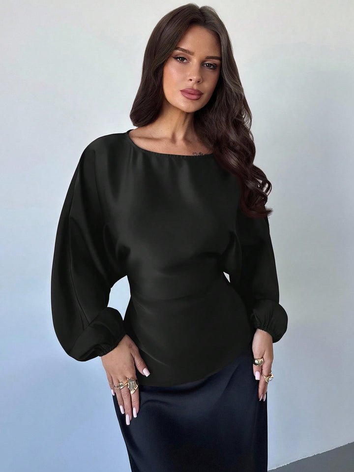 Women's Polka-Dot Satin Blouse with Balloon Sleeves and Wide Round Neckline Mune Fashion